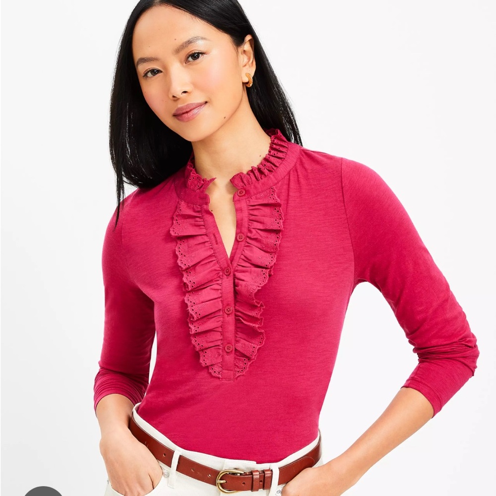 LOFT Eyelet Ruffle Henley Top